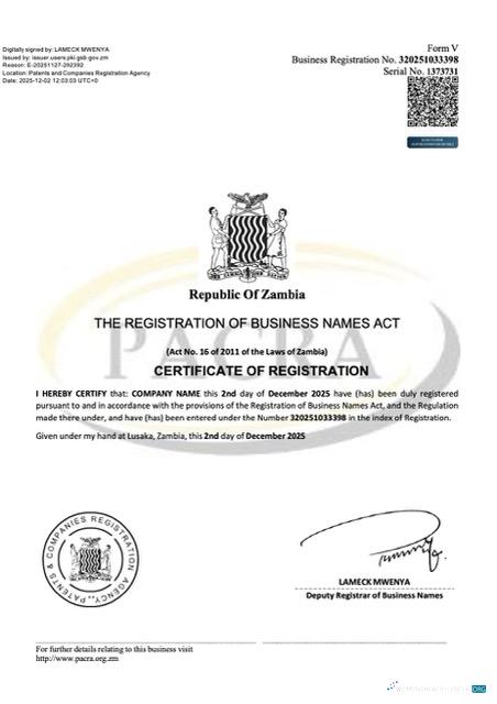 Zambia certificate of business name registration Word and PDF template